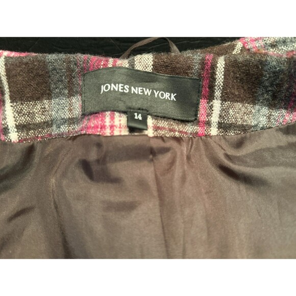 Jones New York  Hooded Pea Coat Zip Up Button Up Plaid Wool Coat Women's Size 14 - Picture 7 of 8